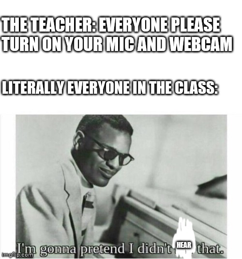 This is true with every online class in the world, or at least well......most of them | THE TEACHER: EVERYONE PLEASE TURN ON YOUR MIC AND WEBCAM; LITERALLY EVERYONE IN THE CLASS:; HEAR | image tagged in im gonna pretend i didnt see that | made w/ Imgflip meme maker