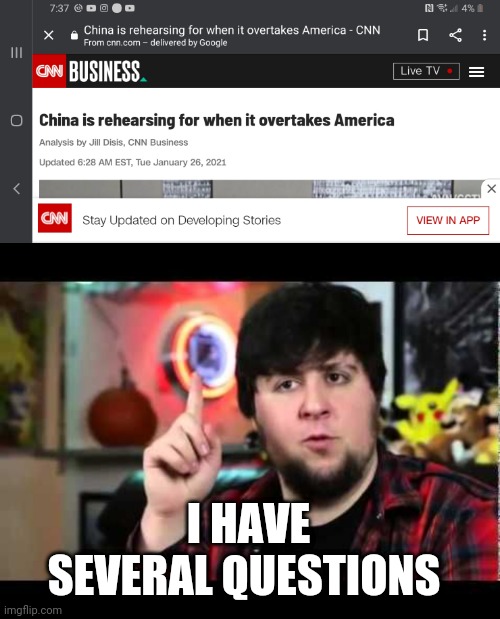 They were talking about the economy, but... | I HAVE SEVERAL QUESTIONS | image tagged in jontron i have several questions,china,united states,takeover,huh | made w/ Imgflip meme maker