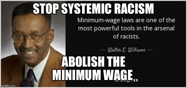 Raising minimum wage always hurts minorities, why do it? | STOP SYSTEMIC RACISM; ABOLISH THE MINIMUM WAGE | image tagged in walter e williams,minimum wage,racism | made w/ Imgflip meme maker