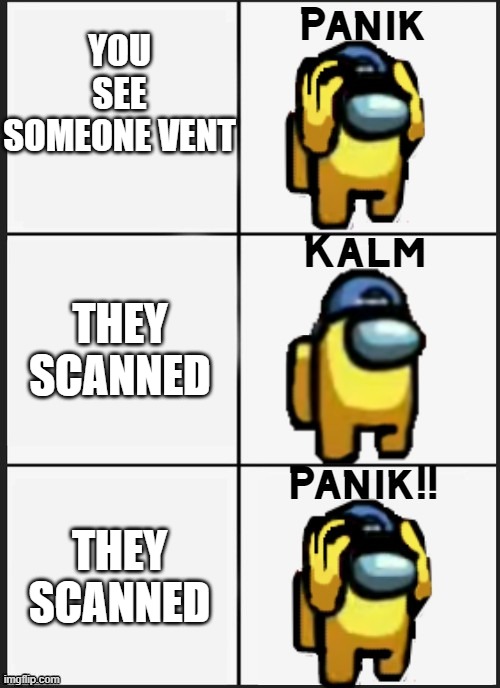Among us Panik | YOU SEE SOMEONE VENT; THEY SCANNED; THEY SCANNED | image tagged in among us panik | made w/ Imgflip meme maker