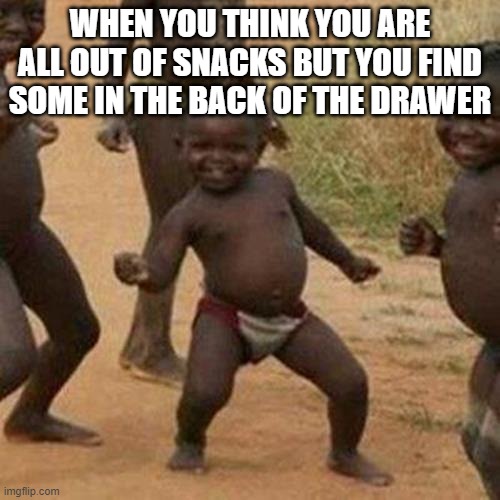 free gooseberries | WHEN YOU THINK YOU ARE ALL OUT OF SNACKS BUT YOU FIND SOME IN THE BACK OF THE DRAWER | image tagged in memes,third world success kid | made w/ Imgflip meme maker