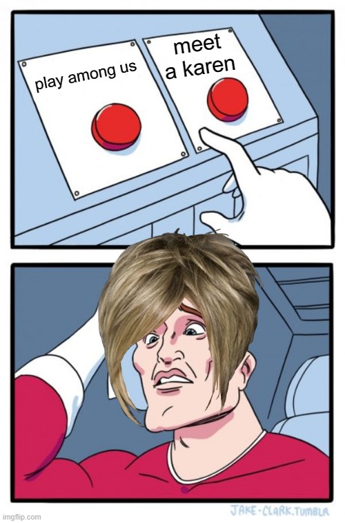 so hard choice | meet a karen; play among us | image tagged in memes,two buttons | made w/ Imgflip meme maker