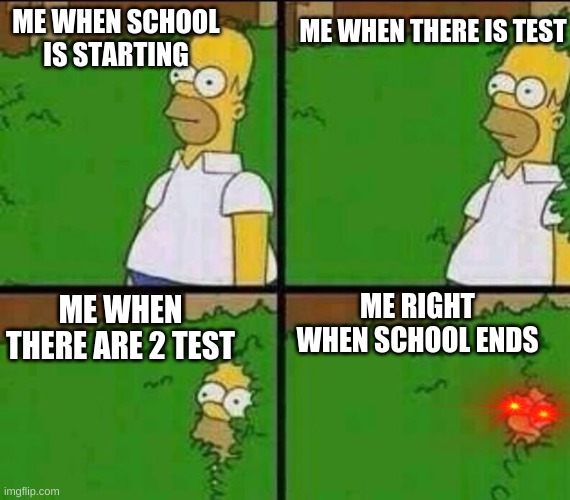 Homer Simpson in Bush - Large | ME WHEN SCHOOL IS STARTING; ME WHEN THERE IS TEST; ME RIGHT WHEN SCHOOL ENDS; ME WHEN THERE ARE 2 TEST | image tagged in homer simpson in bush - large | made w/ Imgflip meme maker