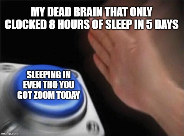 my dead brain when zoom today | MY DEAD BRAIN THAT ONLY CLOCKED 8 HOURS OF SLEEP IN 5 DAYS; SLEEPING IN EVEN THO YOU GOT ZOOM TODAY | image tagged in memes,blank nut button | made w/ Imgflip meme maker