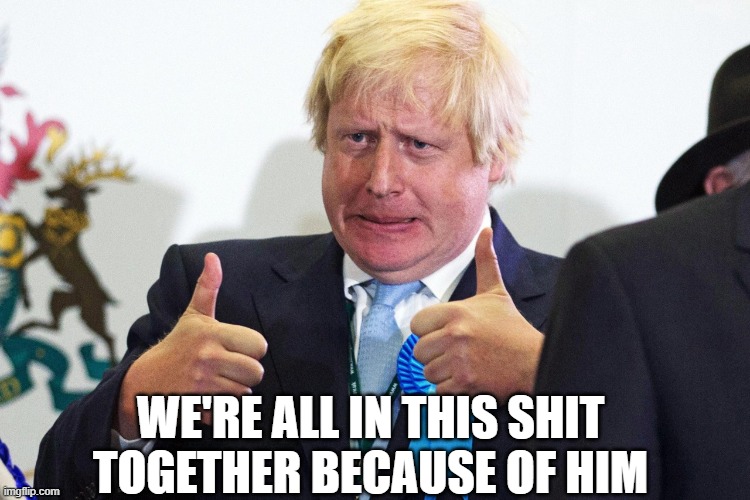 WE'RE ALL IN THIS SHIT TOGETHER BECAUSE OF HIM | image tagged in boris johnson,covid-19,tories,lockdown | made w/ Imgflip meme maker