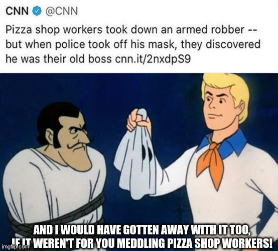 AND I WOULD HAVE GOTTEN AWAY WITH IT TOO, IF IT WEREN'T FOR YOU MEDDLING PIZZA SHOP WORKERS! | image tagged in scooby doo mask reveal | made w/ Imgflip meme maker