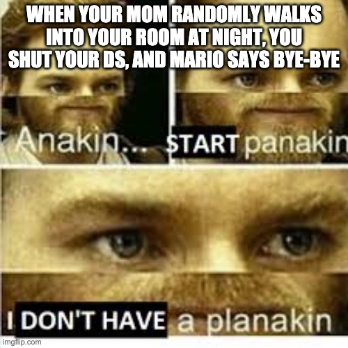i'm already paniken | WHEN YOUR MOM RANDOMLY WALKS INTO YOUR ROOM AT NIGHT, YOU SHUT YOUR DS, AND MARIO SAYS BYE-BYE | image tagged in anikan start panikan i dont have a planikan | made w/ Imgflip meme maker