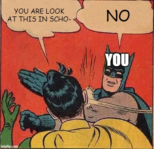 Batman Slapping Robin Meme | YOU ARE LOOK AT THIS IN SCHO-; NO; YOU | image tagged in memes,batman slapping robin | made w/ Imgflip meme maker