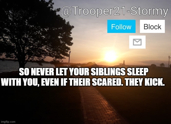 Trooper21-Stormy | SO NEVER LET YOUR SIBLINGS SLEEP WITH YOU, EVEN IF THEIR SCARED. THEY KICK. | image tagged in trooper21-stormy | made w/ Imgflip meme maker