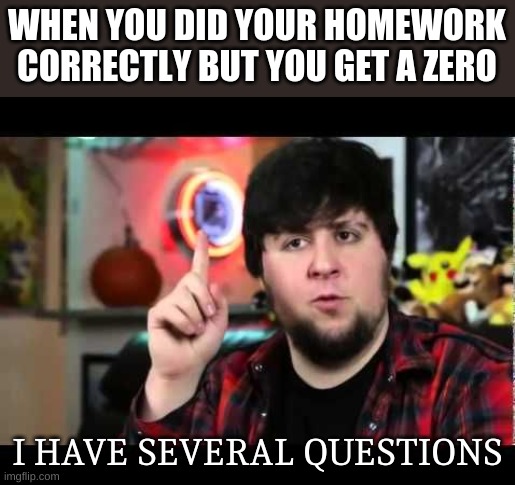 bruh | WHEN YOU DID YOUR HOMEWORK CORRECTLY BUT YOU GET A ZERO; I HAVE SEVERAL QUESTIONS | image tagged in jontron i have several questions | made w/ Imgflip meme maker
