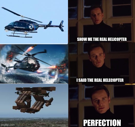 Villagernews best helicopter | SHOW ME THE REAL HELICOPTER; I SAID THE REAL HELECOPTER; PERFECTION | image tagged in perfection,funny memes,memes | made w/ Imgflip meme maker