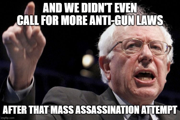 Bernie Sanders | AND WE DIDN'T EVEN CALL FOR MORE ANTI-GUN LAWS AFTER THAT MASS ASSASSINATION ATTEMPT | image tagged in bernie sanders | made w/ Imgflip meme maker