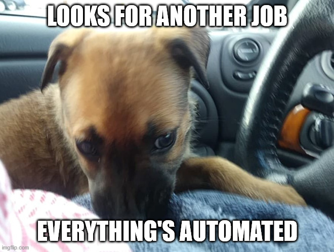 Job Huntin' | LOOKS FOR ANOTHER JOB; EVERYTHING'S AUTOMATED | image tagged in dogs | made w/ Imgflip meme maker