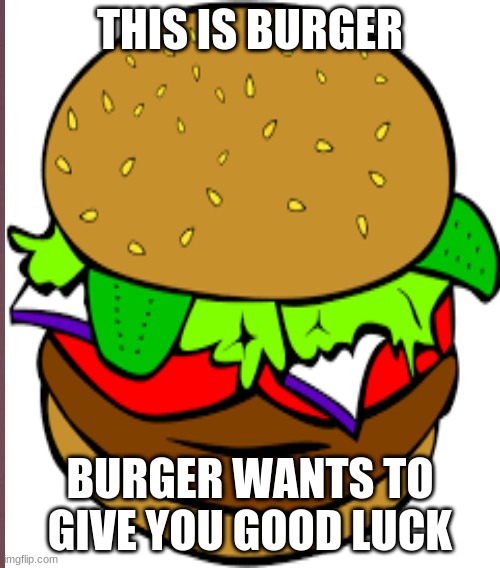Burger | THIS IS BURGER; BURGER WANTS TO GIVE YOU GOOD LUCK | image tagged in burger | made w/ Imgflip meme maker