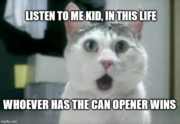 OMG Cat | LISTEN TO ME KID, IN THIS LIFE; WHOEVER HAS THE CAN OPENER WINS | image tagged in memes,omg cat | made w/ Imgflip meme maker