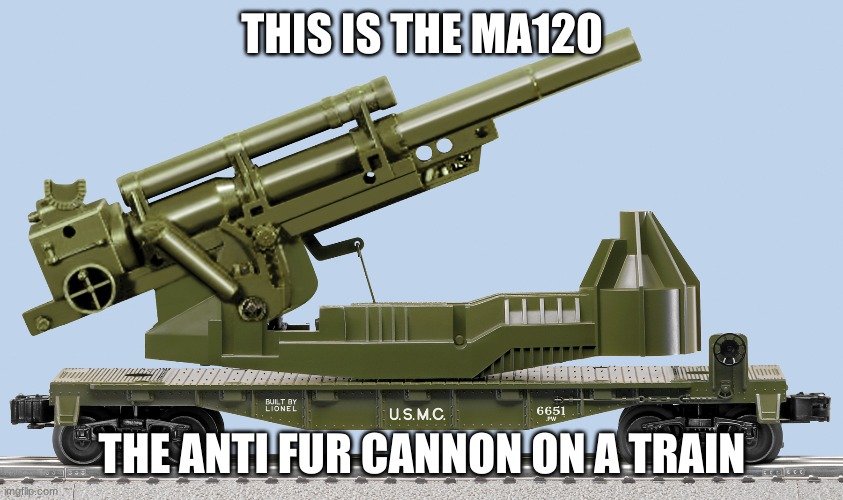 databrawl.inc ma120 anti fur cannon train car | THIS IS THE MA120; THE ANTI FUR CANNON ON A TRAIN | image tagged in train,cannon | made w/ Imgflip meme maker