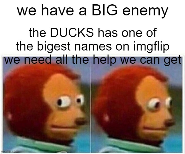 Monkey Puppet | we have a BIG enemy; the DUCKS has one of the bigest names on imgflip we need all the help we can get | image tagged in memes,monkey puppet | made w/ Imgflip meme maker