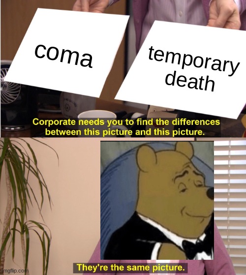lol | coma; temporary death | image tagged in memes,they're the same picture | made w/ Imgflip meme maker