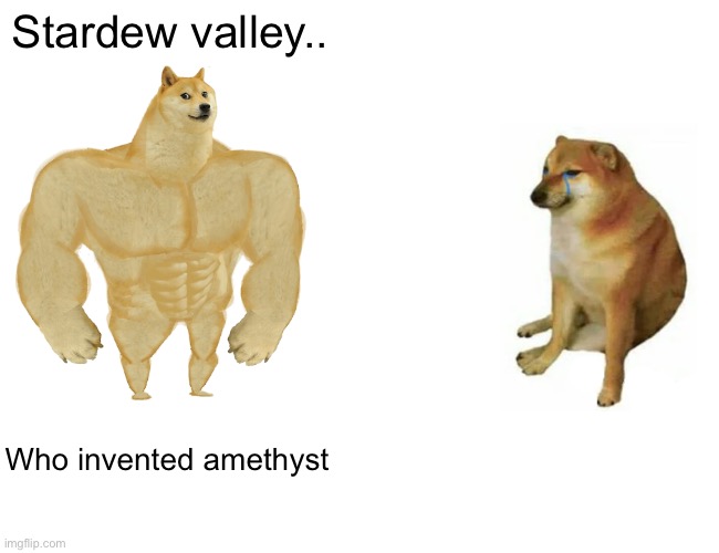 Buff Doge vs. Cheems Meme | Stardew valley.. Who invented amethyst | image tagged in memes,buff doge vs cheems | made w/ Imgflip meme maker