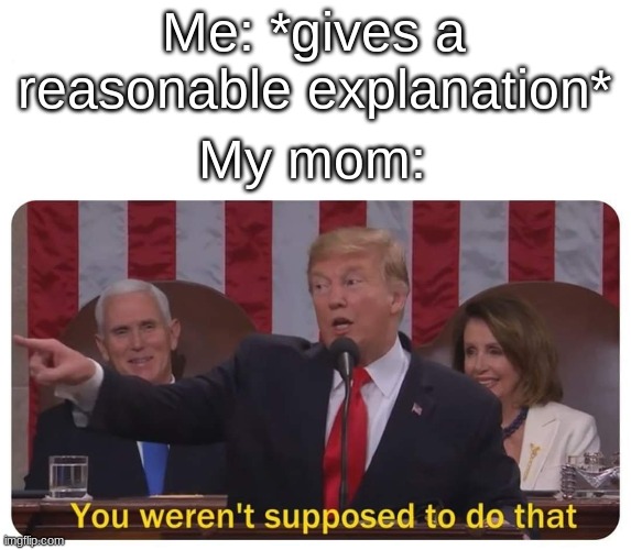 . | Me: *gives a reasonable explanation*; My mom: | image tagged in you weren't supposed to do that | made w/ Imgflip meme maker