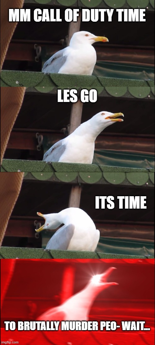 Inhaling Seagull Meme | MM CALL OF DUTY TIME; LES GO; ITS TIME; TO BRUTALLY MURDER PEO- WAIT... | image tagged in memes,inhaling seagull | made w/ Imgflip meme maker