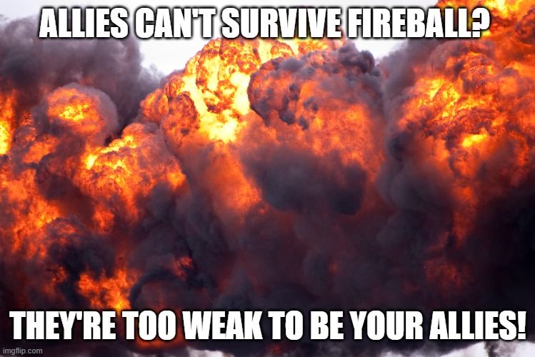 weakallies | ALLIES CAN'T SURVIVE FIREBALL? THEY'RE TOO WEAK TO BE YOUR ALLIES! | image tagged in dungeons and dragons,fireball,dnd,rpg,rpg fan,wizard | made w/ Imgflip meme maker