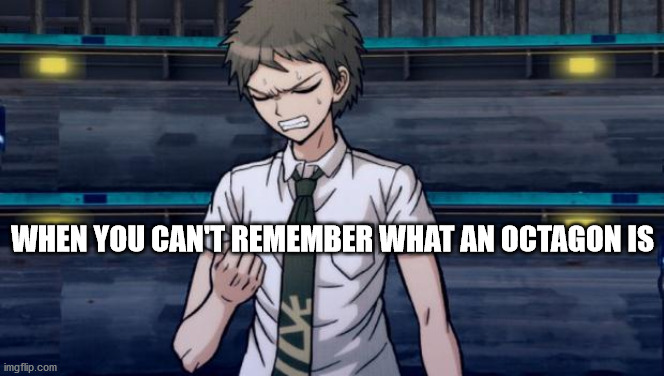 Hajime why can you be so dumb | WHEN YOU CAN'T REMEMBER WHAT AN OCTAGON IS | image tagged in danganronpa 2 hajime,danganronpa | made w/ Imgflip meme maker