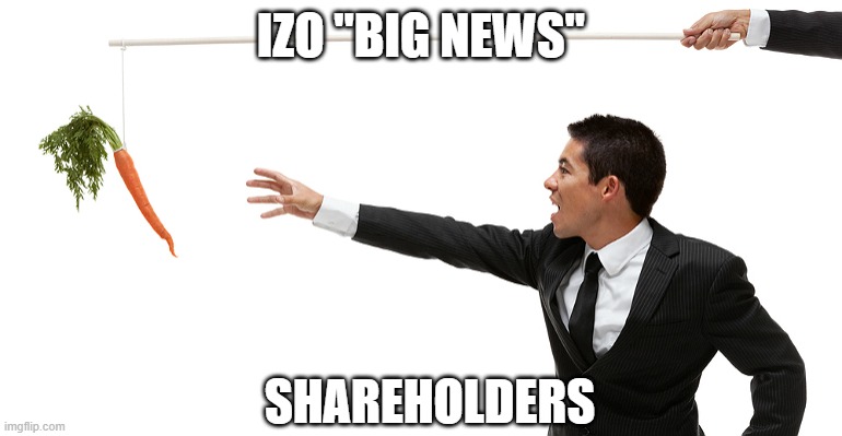 Dangling carrot | IZO "BIG NEWS"; SHAREHOLDERS | image tagged in dangling carrot | made w/ Imgflip meme maker