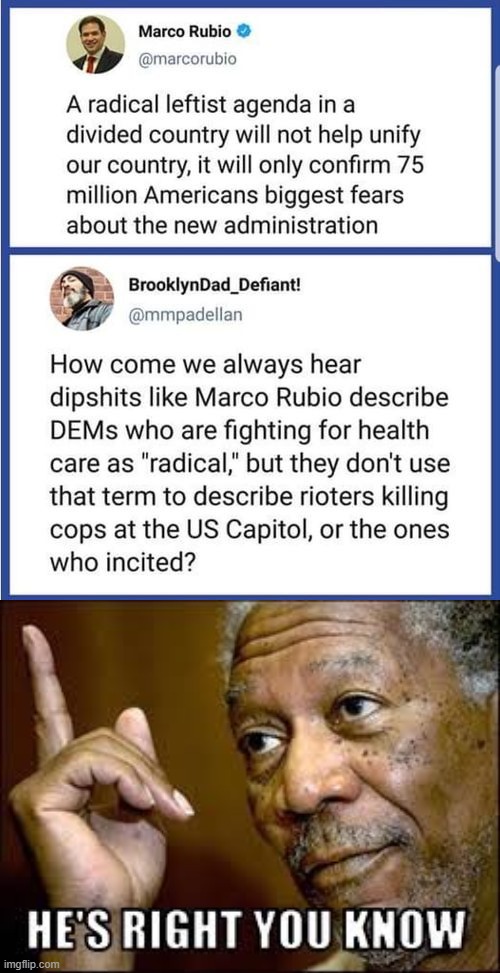 Helping people, improving the country = "radical." Storming Congress = just another day. | image tagged in marco rubio radical leftist,he's right ya know,conservative hypocrisy,morgan freeman,marco rubio,radical | made w/ Imgflip meme maker
