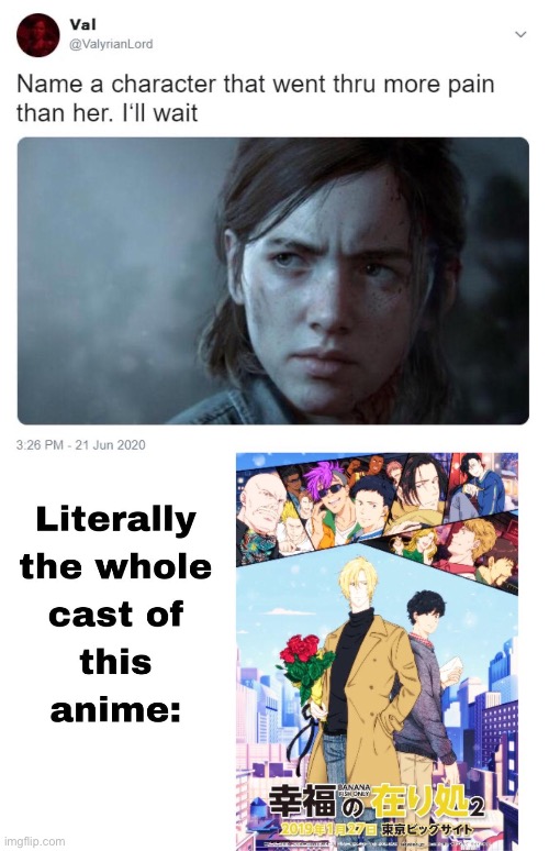 expecially ash since he got m*lested and other shit, then he dies from 1 stab but he survived 20+ shots? | made w/ Imgflip meme maker