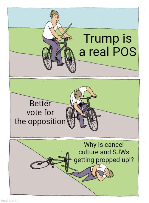 Only one way to learn... | Trump is a real POS; Better vote for the opposition; Why is cancel culture and SJWs getting propped-up!? | image tagged in bike fall,sjw,feminist,cultist,cognative dissonance,dank | made w/ Imgflip meme maker