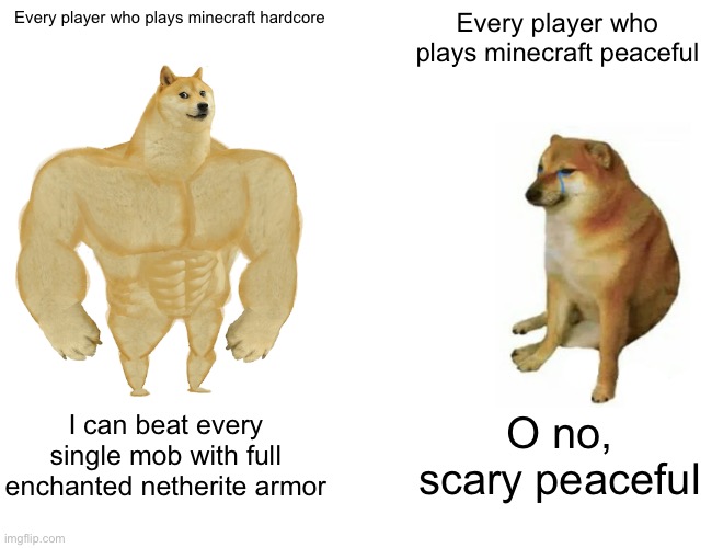 Buff Doge vs. Cheems | Every player who plays minecraft hardcore; Every player who plays minecraft peaceful; I can beat every single mob with full enchanted netherite armor; O no, scary peaceful | image tagged in memes,buff doge vs cheems | made w/ Imgflip meme maker
