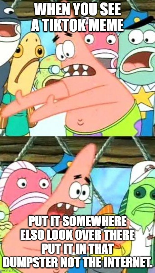 Put It Somewhere Else Patrick Meme | WHEN YOU SEE A TIKTOK MEME; PUT IT SOMEWHERE ELSO LOOK OVER THERE PUT IT IN THAT DUMPSTER NOT THE INTERNET. | image tagged in memes,put it somewhere else patrick | made w/ Imgflip meme maker