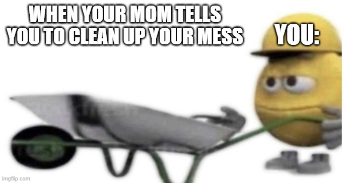 cleeaaN | YOU:; WHEN YOUR MOM TELLS YOU TO CLEAN UP YOUR MESS | image tagged in cleaning | made w/ Imgflip meme maker
