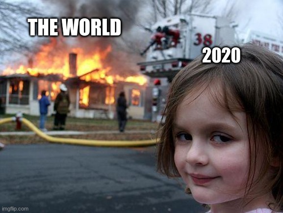 2020 be like | THE WORLD; 2020 | image tagged in memes,disaster girl | made w/ Imgflip meme maker