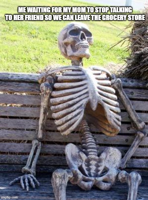 Waiting Skeleton Meme | ME WAITING FOR MY MOM TO STOP TALKING TO HER FRIEND SO WE CAN LEAVE THE GROCERY STORE | image tagged in memes,waiting skeleton | made w/ Imgflip meme maker