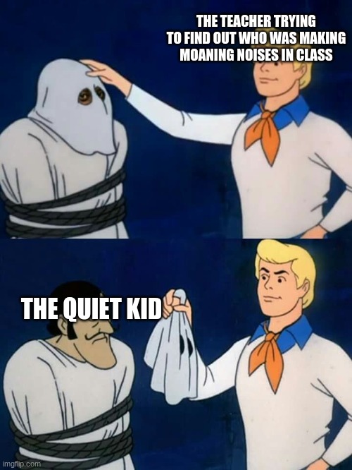 Scooby doo mask reveal | THE TEACHER TRYING TO FIND OUT WHO WAS MAKING MOANING NOISES IN CLASS; THE QUIET KID | image tagged in scooby doo mask reveal | made w/ Imgflip meme maker