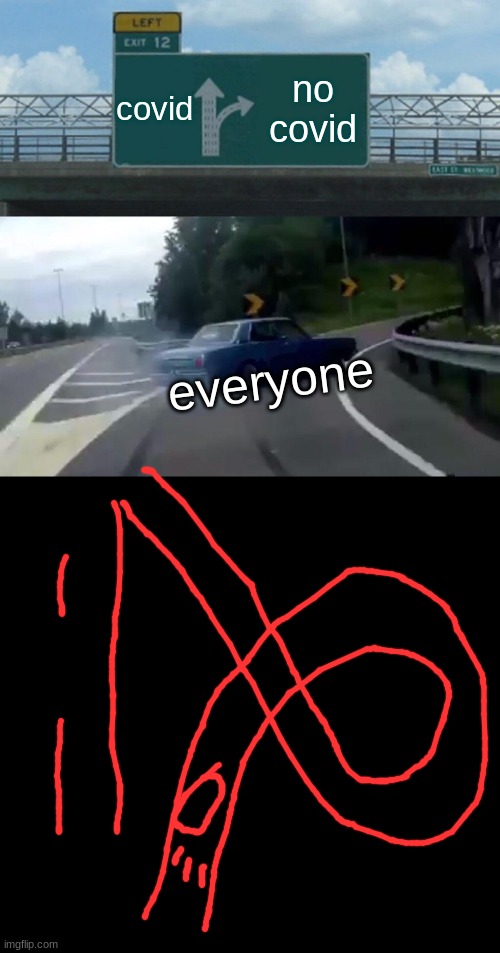 covid or covid | covid; no covid; everyone | image tagged in memes,left exit 12 off ramp | made w/ Imgflip meme maker