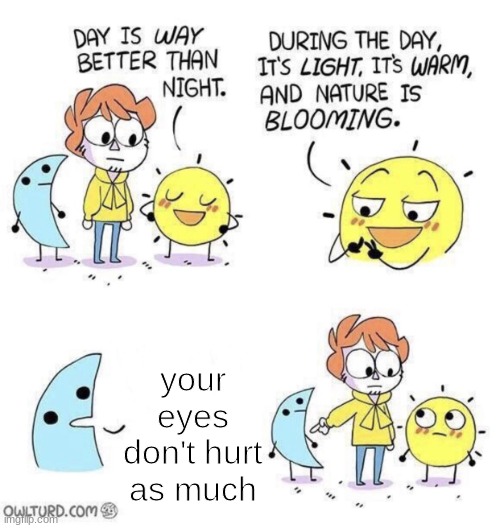 Night is Earth Dark mode | your eyes don't hurt as much | image tagged in the day is better than night | made w/ Imgflip meme maker