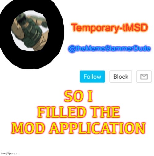 Lol | SO I FILLED THE MOD APPLICATION | image tagged in temporary-tmsd announcement take 2 | made w/ Imgflip meme maker