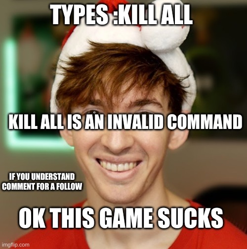 DO IT | TYPES :KILL ALL; KILL ALL IS AN INVALID COMMAND; IF YOU UNDERSTAND COMMENT FOR A FOLLOW; OK THIS GAME SUCKS | image tagged in flamingo,kill all,oof,tag,e | made w/ Imgflip meme maker