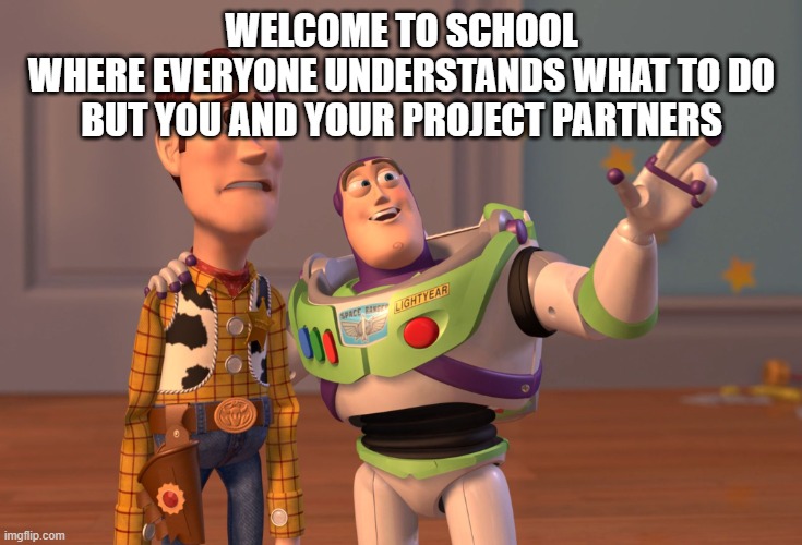 X, X Everywhere | WELCOME TO SCHOOL
WHERE EVERYONE UNDERSTANDS WHAT TO DO
BUT YOU AND YOUR PROJECT PARTNERS | image tagged in memes,x x everywhere | made w/ Imgflip meme maker