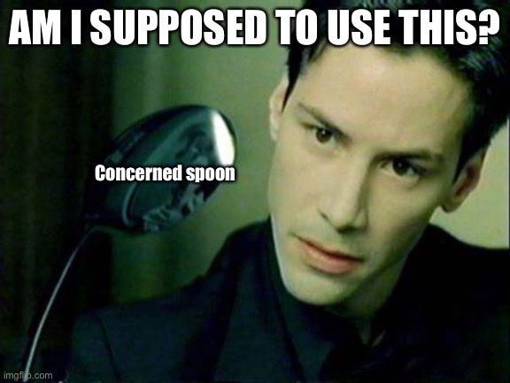 Neo Spoon | AM I SUPPOSED TO USE THIS? Concerned spoon | image tagged in neo spoon | made w/ Imgflip meme maker