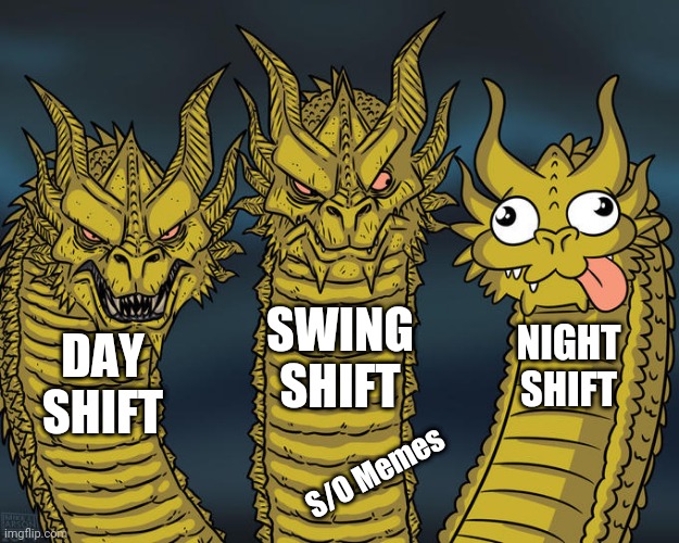 This three shift | DAY SHIFT; SWING SHIFT; NIGHT SHIFT; S/O Memes | image tagged in three-headed dragon | made w/ Imgflip meme maker