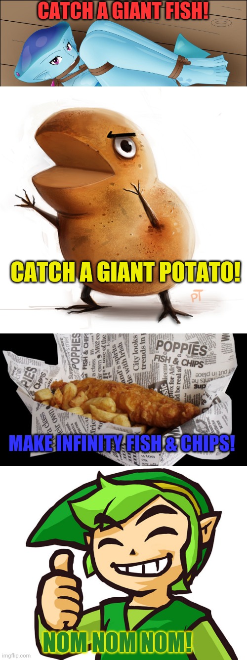 Link's plan! | CATCH A GIANT FISH! CATCH A GIANT POTATO! MAKE INFINITY FISH & CHIPS! NOM NOM NOM! | image tagged in happy link,link needs fish and chips,link and ruto are anime right,fishing,anime girl | made w/ Imgflip meme maker