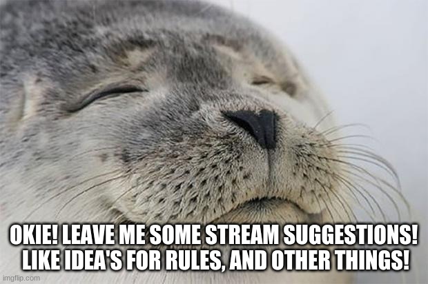 My plan for this stream is just stay posative. | OKIE! LEAVE ME SOME STREAM SUGGESTIONS!  LIKE IDEA'S FOR RULES, AND OTHER THINGS! | image tagged in memes,satisfied seal | made w/ Imgflip meme maker