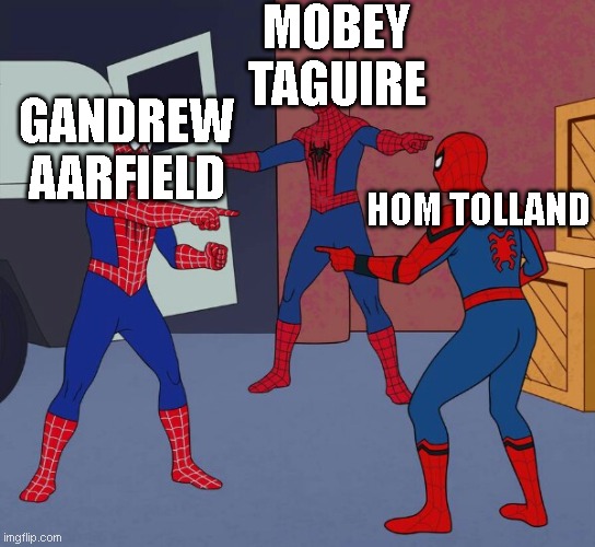 say what??? | MOBEY TAGUIRE; GANDREW AARFIELD; HOM TOLLAND | image tagged in spider man triple | made w/ Imgflip meme maker