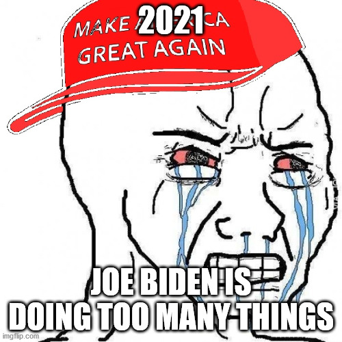 Crying wojak maga | 2021; JOE BIDEN IS DOING TOO MANY THINGS | image tagged in crying wojak maga | made w/ Imgflip meme maker