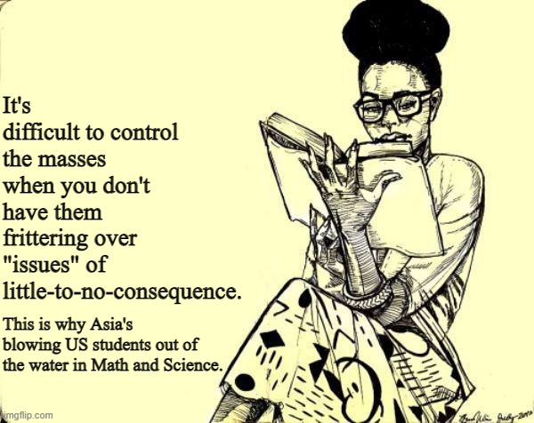Black Woman Reading a Book | It's difficult to control the masses when you don't have them frittering over "issues" of little-to-no-consequence. This is why Asia's blowi | image tagged in black woman reading a book | made w/ Imgflip meme maker