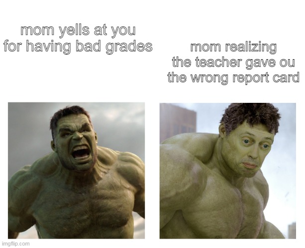 Grades are pretty wasteful. I mean they don't even have a physical embodiment other than diploma. | mom yells at you for having bad grades; mom realizing the teacher gave ou the wrong report card | image tagged in hulk angry then realizes he's wrong,memes,funny | made w/ Imgflip meme maker